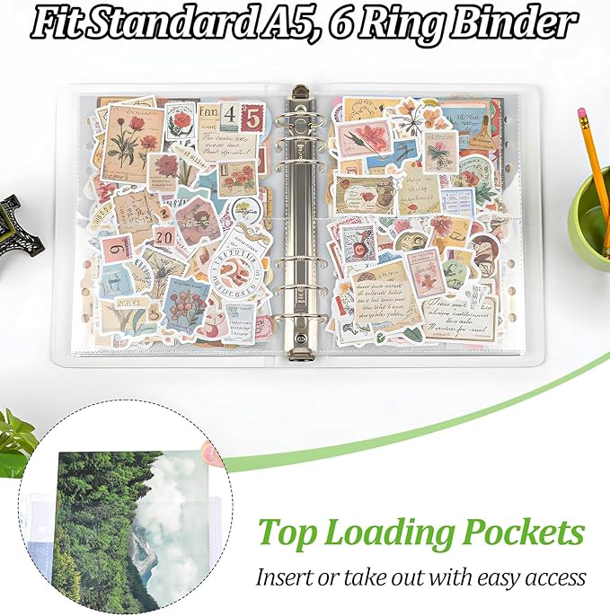 20 Sheets A5 Binder Pockets, Clear Plastic Photocard Sleeves A5 Planner Inserts for 6 Ring Binders, Double Sided Card Sleeves Binder Sheets Protectors Ideal for Photos Cards Stickers, Easy to Organize