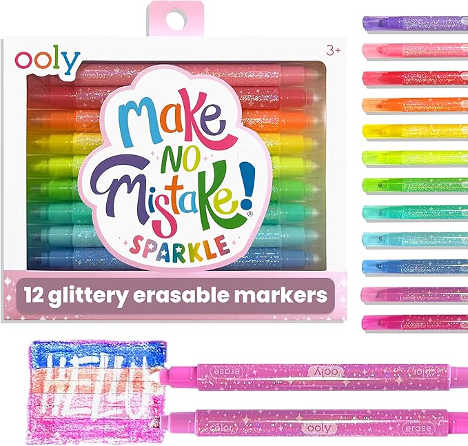 Ooly Make No Mistake Glittery Erasable Markers, 12 Stress and Mess Free Sparkle Markers You Can Erase, Colorful Supplies for Any Arts & Crafts