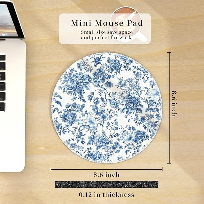 Mouse Pad for Desk, Floral Flower Small Cute Mousepad with Non-Slip Base, Round Mouse Pads for Wireless Mouse Laptop Gaming, Computer Mouse Mat for Home Office Travel Desk Accessories