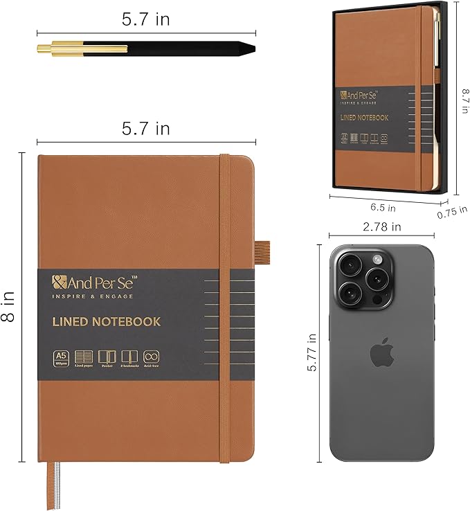 &And Per Se Lined Journal and Pen Set, A5 Leather Hardcover Notebook with Pen & Stationary Set, 160 Pages 100GSM Thick Ruled Paper Journal for Business Work Writing (Light Brown, Gift Set)