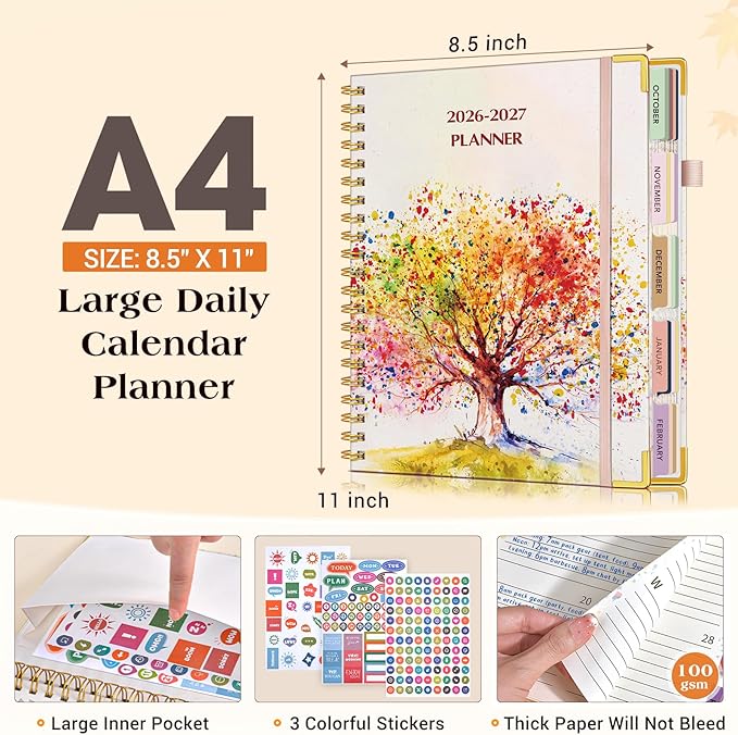 Planner 2026-2027, 18 Months Weekly and Monthly Daily Planner from January 2026 - June 2027, 8.5" x 11" A4 Large Hardcover Agenda Organizer Book 2026 with Tabs, Spiral Yearly Calendar Planners for School Work Home, Colorful Tree of Life