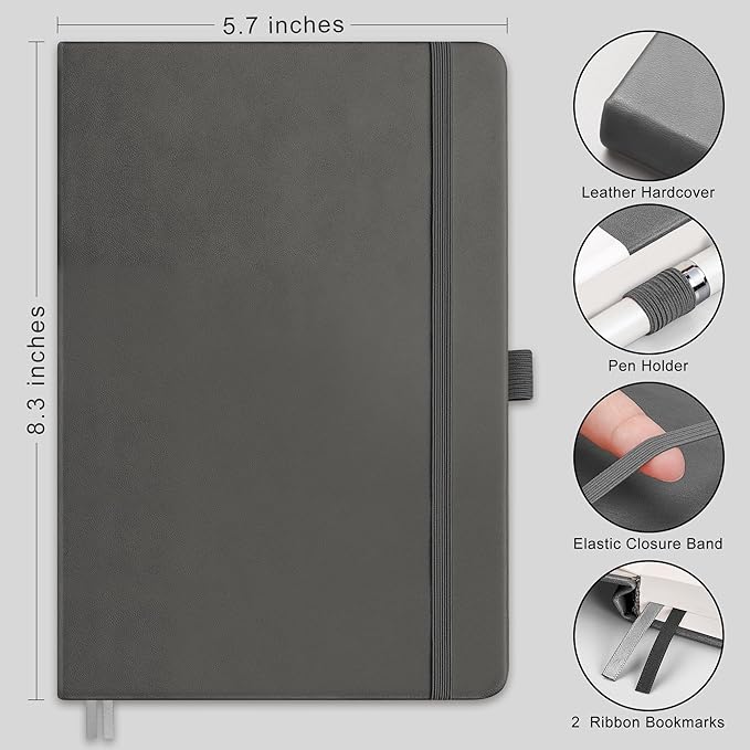 RETTACY Dotted Journal Notebook, 192 Pages, A5 Medium Size (5.7'' x 8.3''), Leather Hardcover, 100 GSM Thick Paper, for Bullet Journaling, Planning, Tracking (Gray)