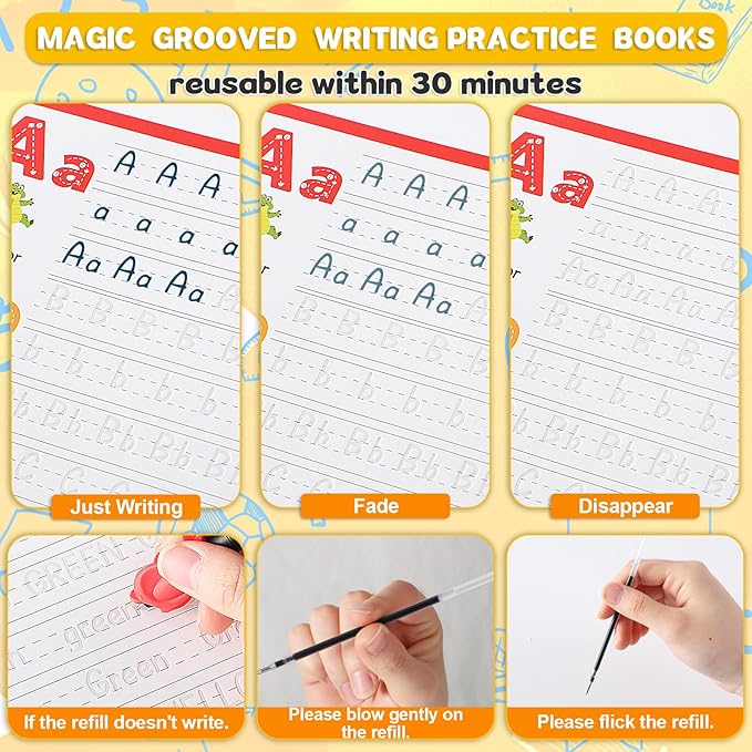 8 Pieces Magic Grooved Writing Practice Books Disappearing Ink Pens Reusable Groove Workbooks Tracing Handwriting Practice Without Tears for Kids Kindergarten Preschool Supplies,10.2 x 7.3inch