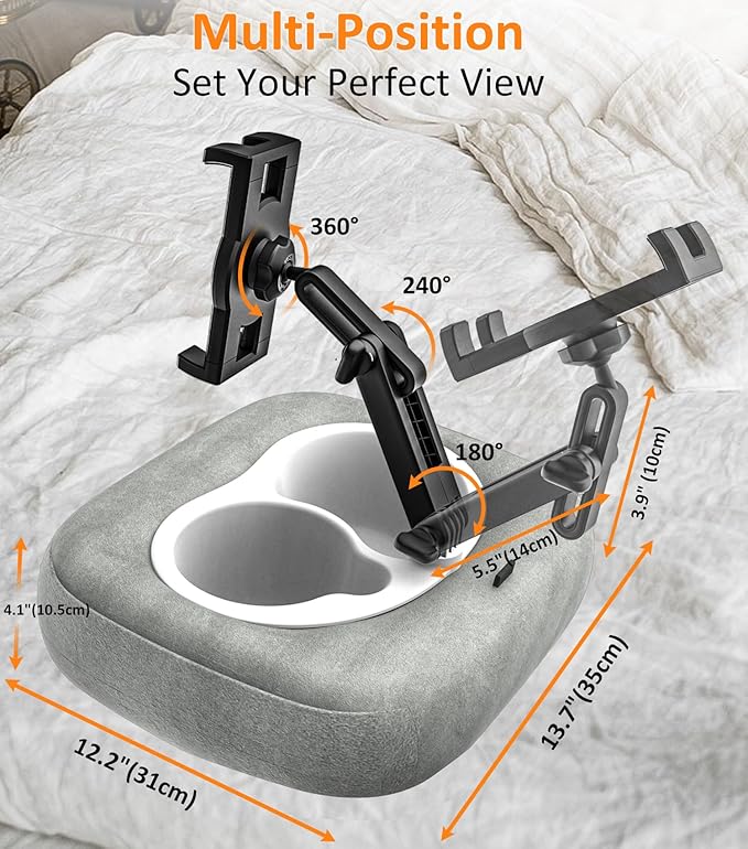 Pillow Tablet Holder Stand, 360°Adjustable Tablet Pillow Mount for Bed Lap Desk [Soft Skin-Friendly Fabric] fit for iPad, Galaxy Tab, Kindle, Fire, Phone, 4-13" (Detachable Washable, Gray)
