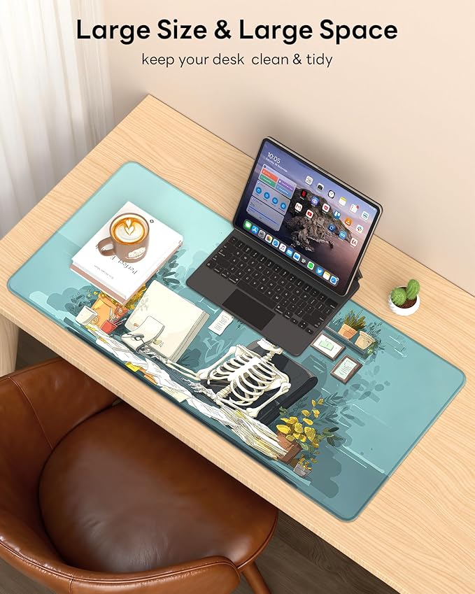 XL Gaming Mouse Pad, 31.5x17.5'' Large Desk Mat with Anti-Slip Rubber Base & Stitched Edges for Gaming, Office, Home - Office Skeleton