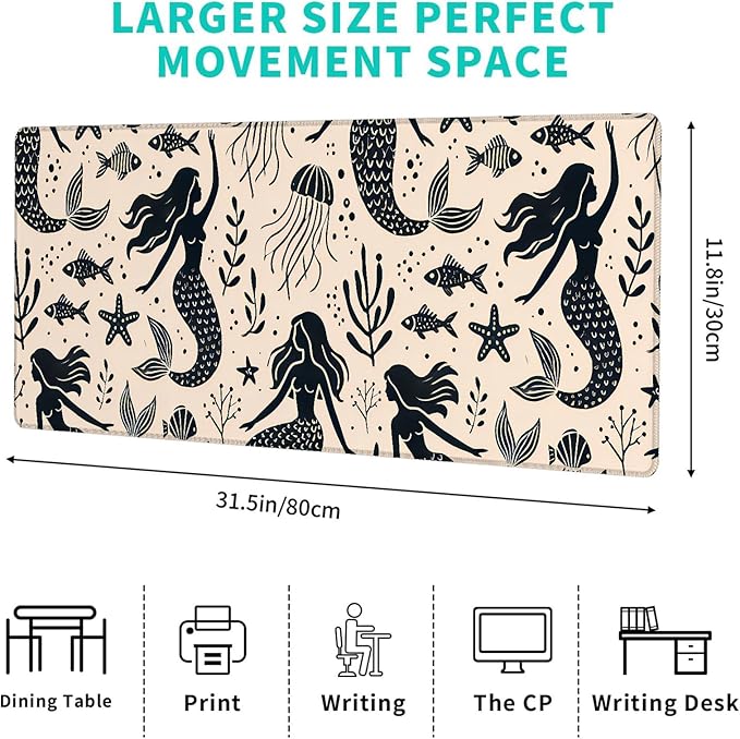 Vintage Mermaid Gaming Mouse Pad – 12x31.5in Large Extended Desk Mat with Retro Ocean Fantasy Design – Non-Slip Rubber Mousepad for Office Home– Deskmat Gifts for Girls Decor