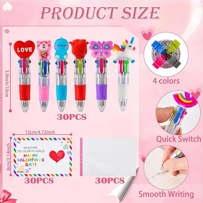 30 Set Mini Multicolor Pens in One 4-in-1, Cute Valentine Pens with 30 Valentines Day Cards for Valentines Day Classroom Gifts, Office Colleagues Greeting Exchange Gift School Party Favors