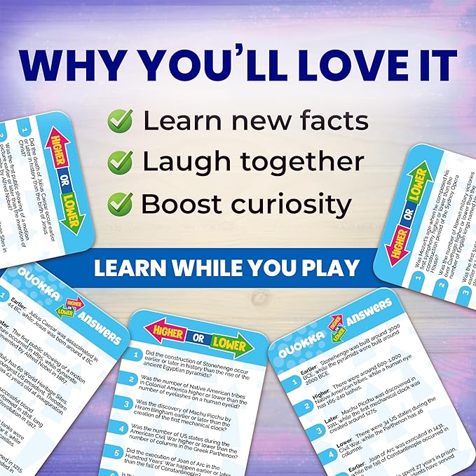QUOKKA History Board Game for Kids 10-14 Year Olds - Family Card Game for Kids and Adults - Higher or Lower | Guess Fun Questions | Easy to Learn | 2 + Players - Challenge Game for Family Night