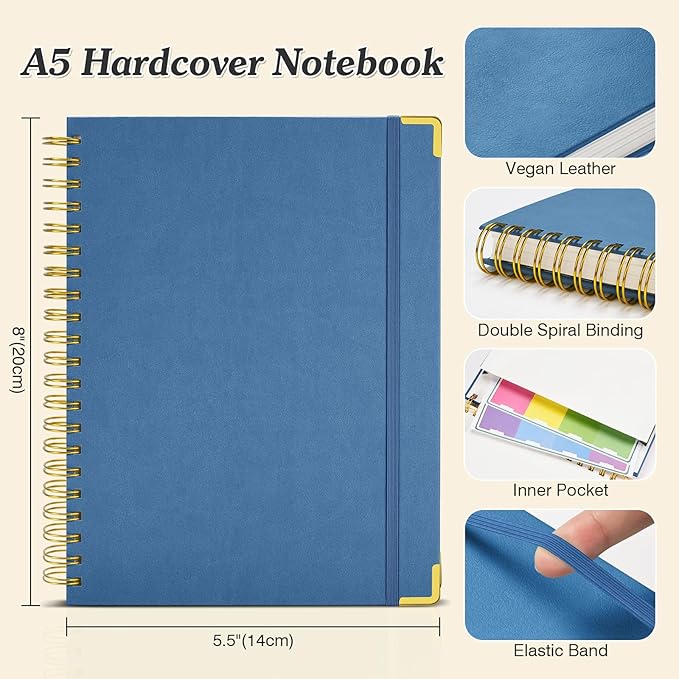 Spiral Notebook, 300 Numbered Pages Notebooks College Ruled with Contens, 100GSM Thick Journal for Women Men, Hardcover Leather Lined Journal for Writing, Large A5 Journaling Notebooks for Work School