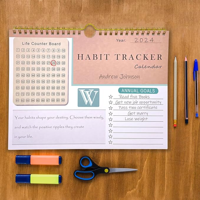 Habit Tracker Calendar and planner with notebook - Inspirational Habit Journal with Spiral Binding which fixable on wall - Daily Weekly monthly Habit Tracker Journal and Goal Planner - Motivational
