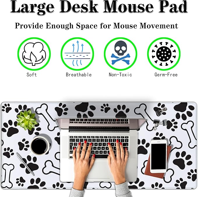 Desktop Mats Laptop Desk Mat Gaming Mouse Pad Extra Large Mouse Pads Computer Mats Office Pad Waterproof Non-Slip Rubber Base 35.4 X 15.7 for Game Office, Dogs Paws and Bones