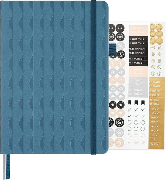 &And Per Se Dotted Journal Notebook for Women&Men with Pattern, A5 Leather Hardcover, 160 Pages 100GSM Thick Dotted Paper, 3 Sheets of Stickers Included(Blue)