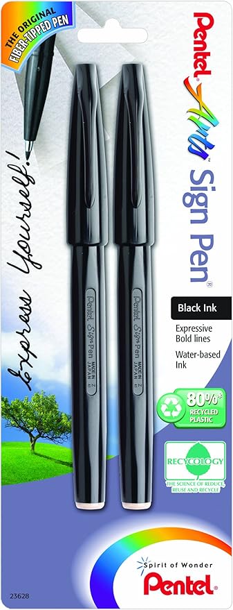Pentel Arts Sign Pen, Black Ink, 2 Pack (S520BP2A), Assorted