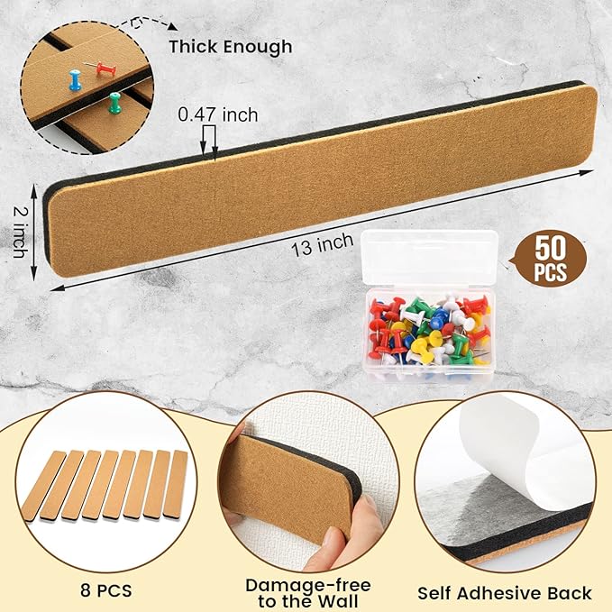 8Pcs Bulletin Board Strips, Self-Adhesive Felt Pin Board Bar Strips with 50 Pushpins, No Damage for Wall, Felt Cork Board Strips for Paste Notes, Photos, Schedules as Classroom Office Home Decor