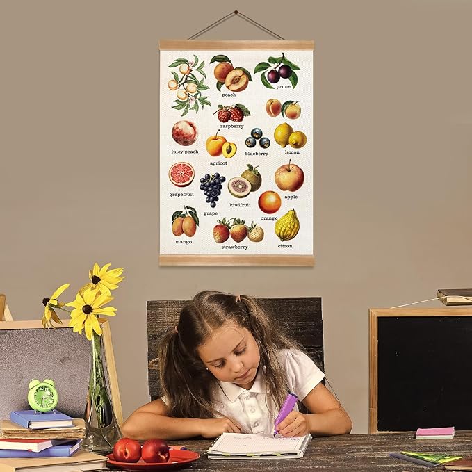ZTGDA Vintage Fruit Wall Art Poster,Educational Hanging Canvas with Botanical Fruit Illustrations and Labels, Linen Canvas Print for Kitchen, Dining Room, or Classroom Decor 12x16In (Fruits)