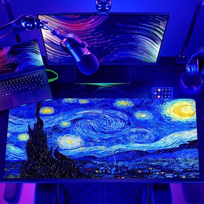 Manicer Blacklight Starry Night Mouse Pad, Van Gogh Painting Gaming Extended Large Desk Pad, UV Reactive Long Big Mouse Mat with 3mm Non-Slip Rubber Base for Office Home - 31.5" x 11.8"