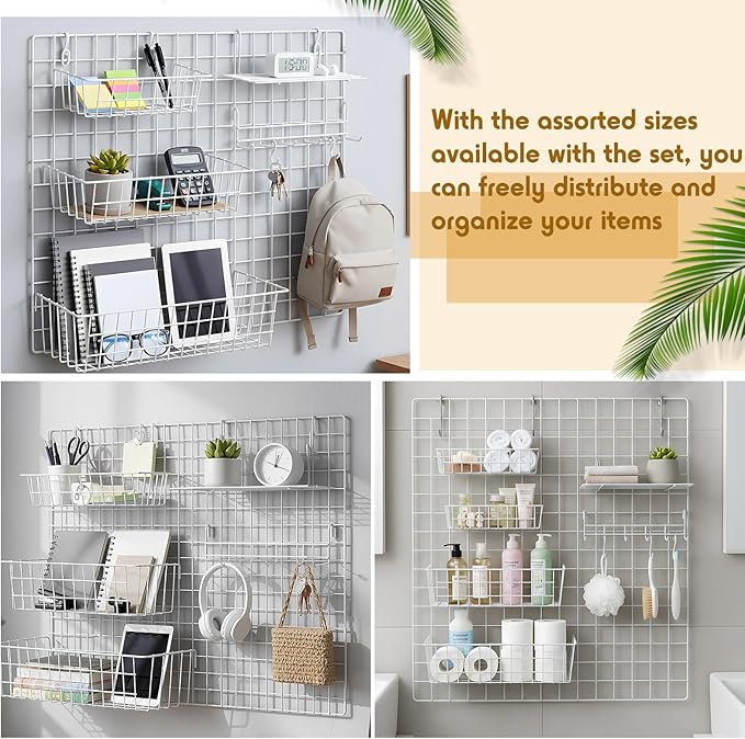 9 Pcs Grid Wall Shelves Gridwall Accessories Wall Grid Panel Hanging Basket with Hooks Set Includes 3 Basket 3 Wire Straight Shelf 3 Hooks Rack for Home Storage Display Organizer (White)