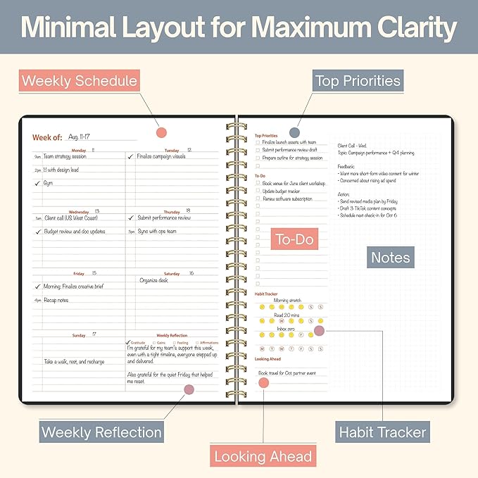 Undated Weekly Planner, 8.5x11” – Dashboard Layout with Yearly Review, Monthly Calendars, & Weekly To Do List, Spiral Bound Organizer for Work, Study & Life (Black)