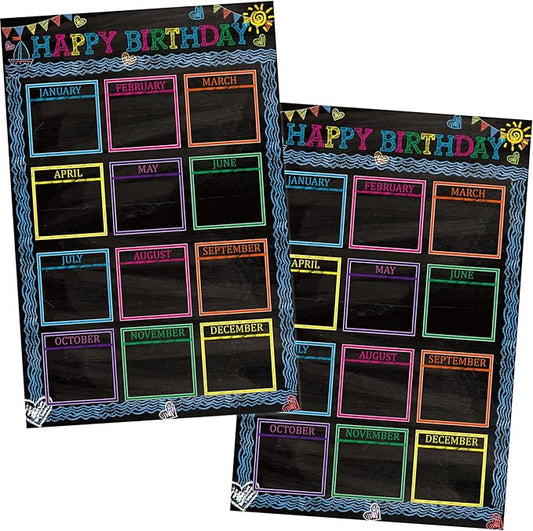 Wiooffen Happy Birthday Chart for Classroom, 2Pcs Chalkboard Birthday Poster Decoration 17" x 12" Chalkboard Birthday Cake Calendar Cutouts for School Bulletin Board, Chalkboards, Wall Decor