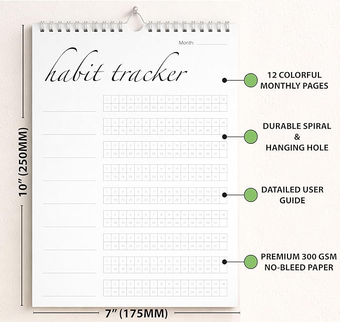 Habit Tracker Calendar (Undated 12 Month) with Silver Spiral Bound and Hanger, 7"x10" Habit Planner, Daily Weekly and Monthly Habit Tracker Journal, Habit Calendar, Colorful Layout.