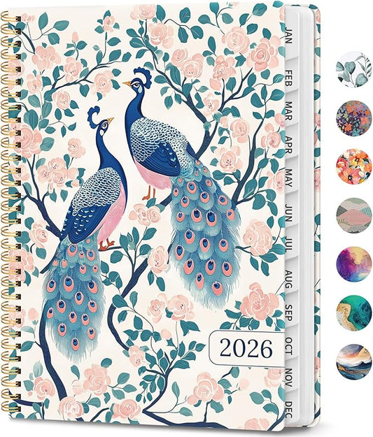 2026 Planner, Weekly and Monthly Calendar Planner Book, January 2026 - December 2026, Hardcover Spiral Planner with Monthly Tabs, Notes Pages, Perfect for Women & Men, A4 (8.5" x 11") - Peacock