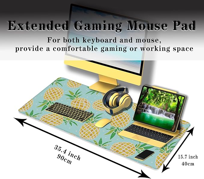 Computer Desk Mat Yellow, XXL Mouse Pads Large Desk Pads, Mouse Pad Gaming Non-Slip Rubber Base Waterproof with Stitched Edges, 35.4 X 15.7 inch for Work/Game/Office Watercolor Pineapple