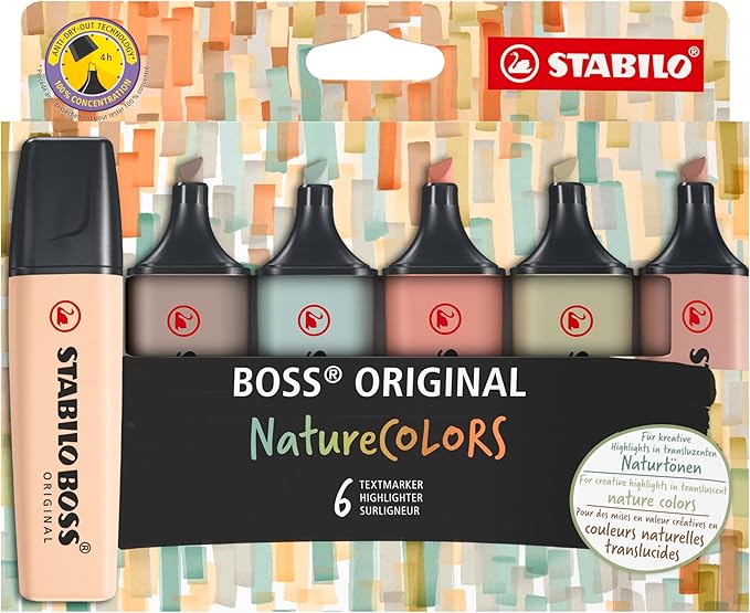 STABILO Highlighter BOSS ORIGINAL NatureCOLORS - Pack of 6 - Beige, Warm Grey, Earth Green, Sienna, Mud Green, Umber