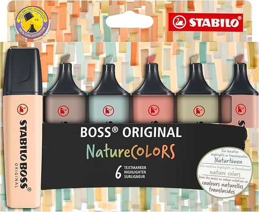 STABILO Highlighter BOSS ORIGINAL NatureCOLORS - Pack of 6 - Beige, Warm Grey, Earth Green, Sienna, Mud Green, Umber