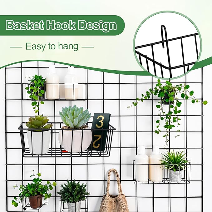10Pcs Grid Panel Hanging Wire Basket Metal Grid Wall Basket No Drilling Wall Storage Basket for Kitchen, Home Decor Supplies, Potted Plants, Black
