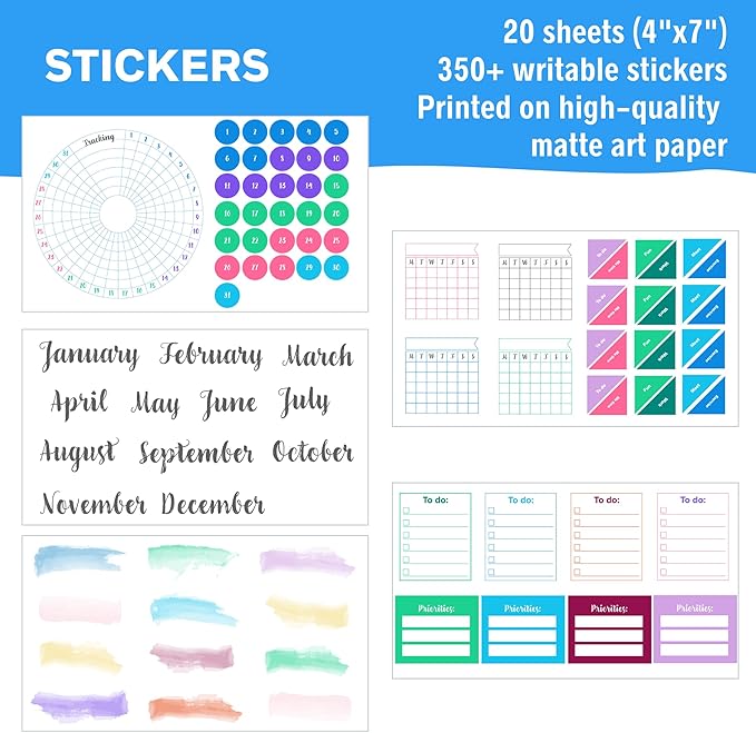 Ultimate Productivity Stencils & Stickers - x20 Sheets of Planner Stickers, x6 Stencils - Calendars, to Do Lists, Habit Trackers, Goals - Accessories & Supplies for Bullet Journals by Sunny Streak