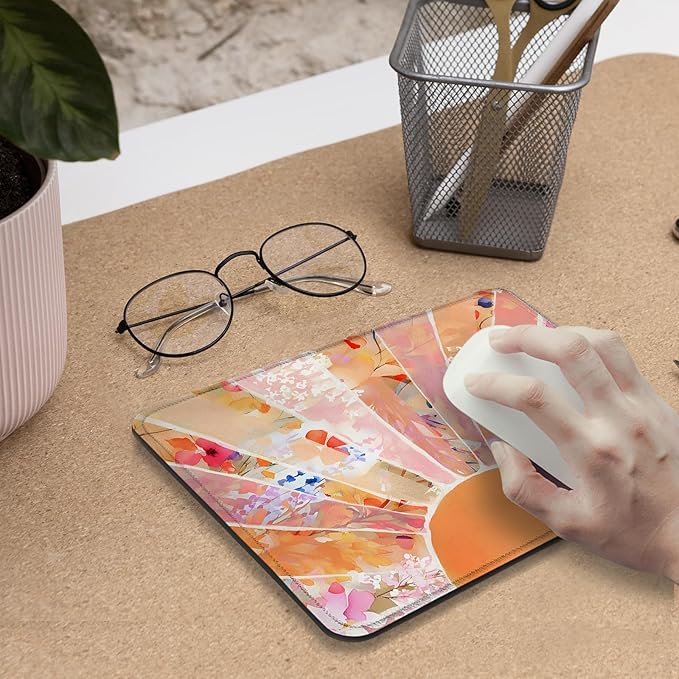 Modern Horizontal Boho Orange Sun floral Mouse Pad,Abstract Watercolor Sunrise Mouse Pads Mousepad for Desk Home Office Dorm Computers Laptop, Boho Office Supplies Desk Accessories, 9.5x7.9 Inch