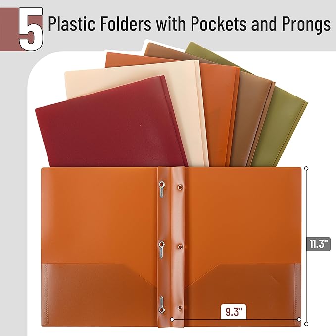 Mr. Pen- Plastic Folders with Pockets and Prongs, 5 Pack, Letter Size, Autumn Earth Colors, Flexible Plastic Folders with Prongs