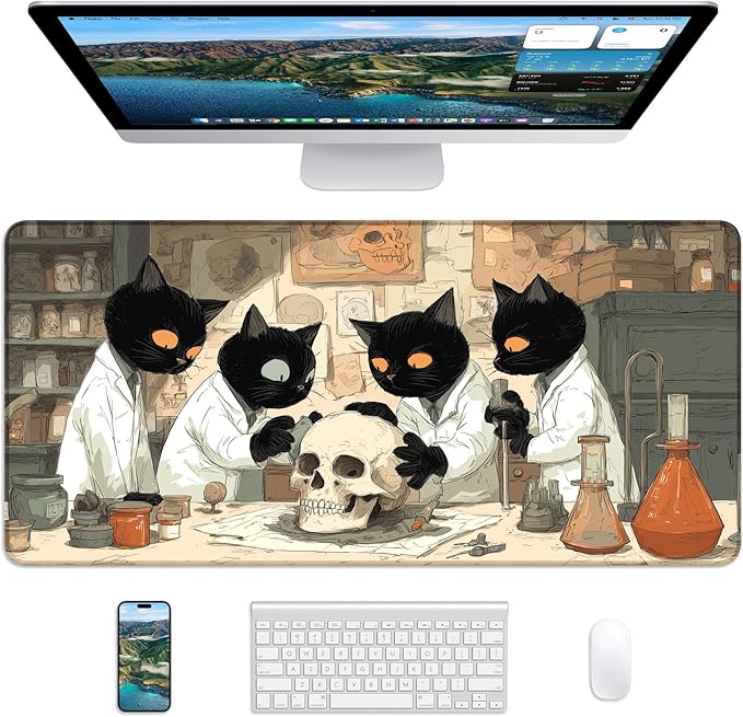 XL Gaming Mouse Pad, 31.5x17.5'' Large Desk Mat with Anti-Slip Rubber Base & Stitched Edges for Gaming, Office, Home - Professor Cat
