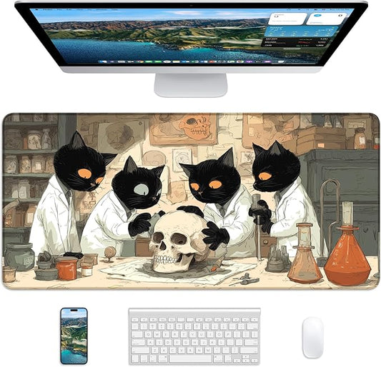 XL Gaming Mouse Pad, 31.5x17.5'' Large Desk Mat with Anti-Slip Rubber Base & Stitched Edges for Gaming, Office, Home - Professor Cat