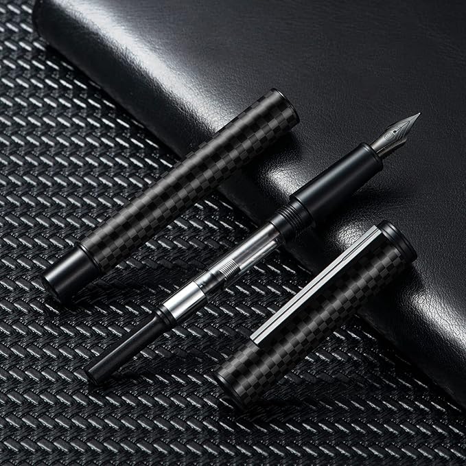 Hongdian Black Forest Carbon Fiber Fountain Pen Medium Nib Modern Design Smooth Writing Pen with Refillable Ink Converter and Metal Pen Case Set
