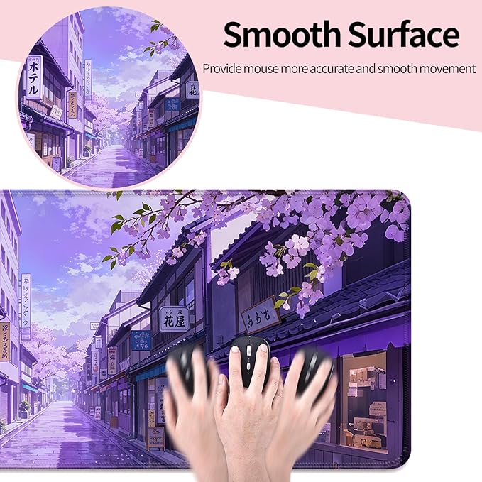 Japanese Anime Purple Cherry Blossom Street XL Large Desk Mat, Extended Long Desk Pad for Gaming and Office, Non-Slip Rubber Base, Comfortable Surface Mouse Pad, 31.5x11.8 in (H16)