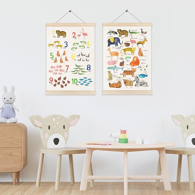 Koesus Animal Alphabet Numbers 1-10 Wall Art Poster Hanger Frame 12x16 Inch Set of 2, Educational Canvas Pictures Prints Framed Wall Decor for Toddler Kids Room Nursery Preschool Classroom Playroom