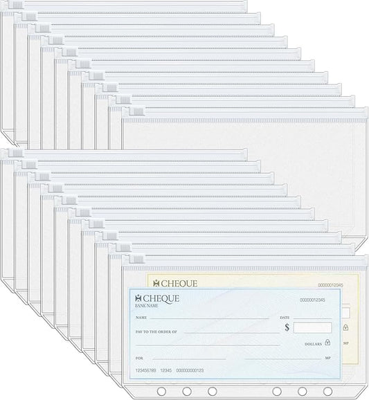 Antner 20pcs A6 Binder Pockets 6-Hole Budget Binder Inserts Cash Stuffing Envelopes for Budgeting, White Zipper Pouch Folders Loose Leaf Filling Bags Money Organizer for A6 6-Ring Planners and Binders