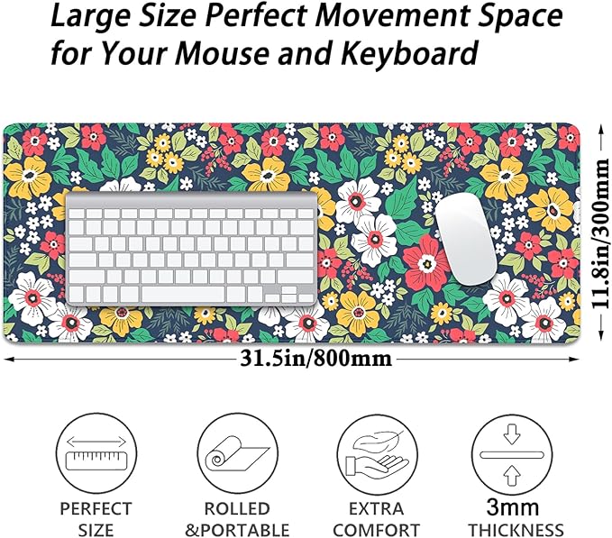 Colorful Floral and Green Leaves Desk Pad Mouse Pad,Flowers XL Mouse Mat with Stitched Edges,Non-Slip Rubber Base Large Mousepad for Office PC Keyboard Laptop and Homework Desk Mat(31.5X11.8 in)