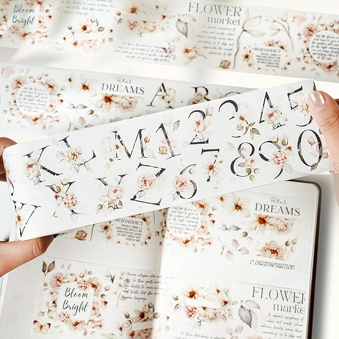 WT Pre-Cut Rosé Scripts Wide PET Tape, Single Roll, Original Designs, Blush Floral & Handwritten Script, Clear Decorative Tape for Junk Journal, Scrapbook, Bujo, Planner, DIY Crafts