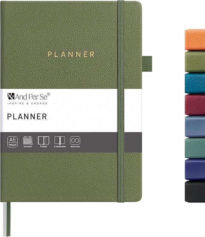 And Per Se Undated Planner – A5 Leather Hardcover Weekly & Monthly Goal Planner for 72 Weeks (1.5 Years) – with Goal & Habit Tracker (Olive Green)