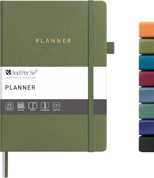 And Per Se Undated Planner – A5 Leather Hardcover Weekly & Monthly Goal Planner for 72 Weeks (1.5 Years) – with Goal & Habit Tracker (Olive Green)