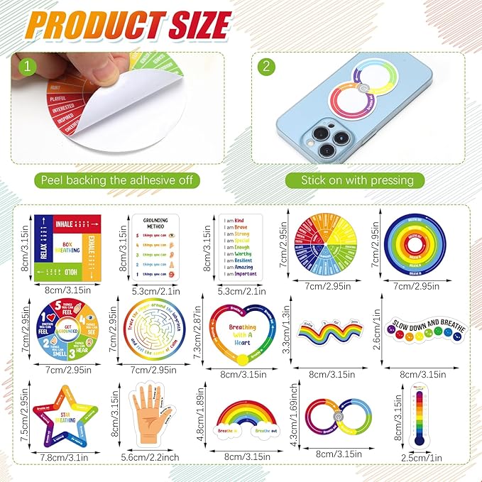 Tenceur 120 Pcs Adhesives Sensory Stickers with Inspirational Quotes Mindfulness Relief Anti Stress Items School Counselor Supplies Textured Strips for Adult Teen (Colorful)