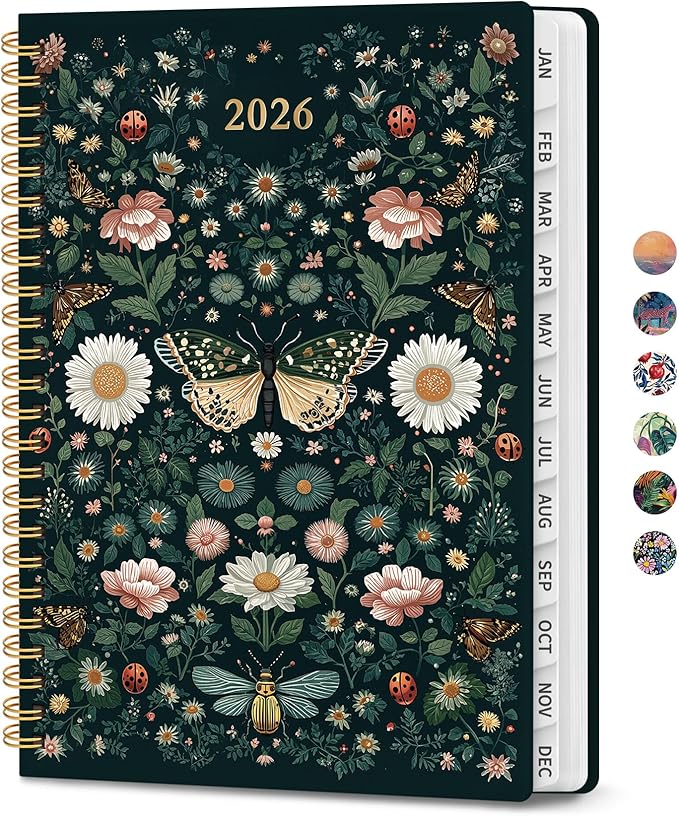 2026 Planner, Aesthetic Weekly and Monthly Planner for Women, Jan 2026 to Dec 2026, Hardcover 2026 Calendar Book with Monthly Tabs, Inner Pocket, Perfect for Office Home School - A4 (8.5" x 11"), Insects in Blooms