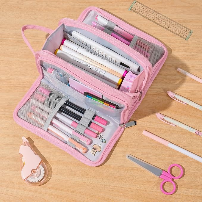 Sooez Large Pencil Case, Big Capacity Pencil Pouch Pen Bag with 3 Compartment, Portable Canvas Stationery Organizer with Zipper, Cute Aesthetic School Supplies for Teen Girls, Army Green with Plaid
