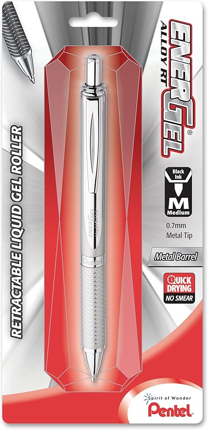 Pentel Energel Alloy Retractable Liquid Gel Pen, (0.7mm) Medium Line, Silver Barrel, Black Ink, 1 Pack (BL407BP)