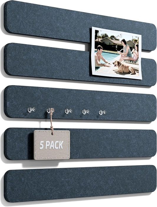 Fluxynara Cork Board Alternative Felt Strip Board 5-Pack 13"x2", Office Pin Board with 35 Push Pins, Adhesive Install for Bedroom Door & Home Office(Denim Blue)