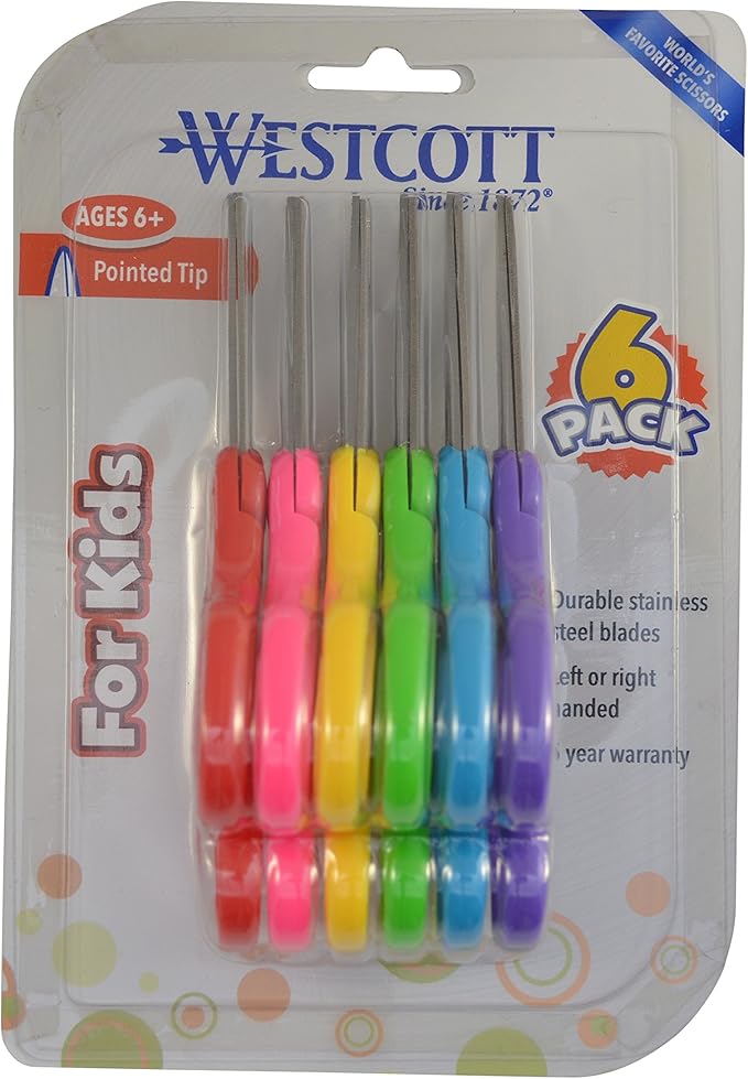 Westcott Right- & Left-Handed Scissors For Kids, Back to School, Classroom Supplies, 5-Inch Pointed Safety Scissors, Assorted, 6 Pack (16455)