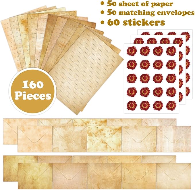 160 Packs Stationery Paper Set (50 Single-Sided Stationery Writing Papers 50 Matching Envelopes) 60 Round Dot Sticker, 10 Design Vintage Airmail Stationary Kit Letter Paper,5.5 x 8.25 Inch.