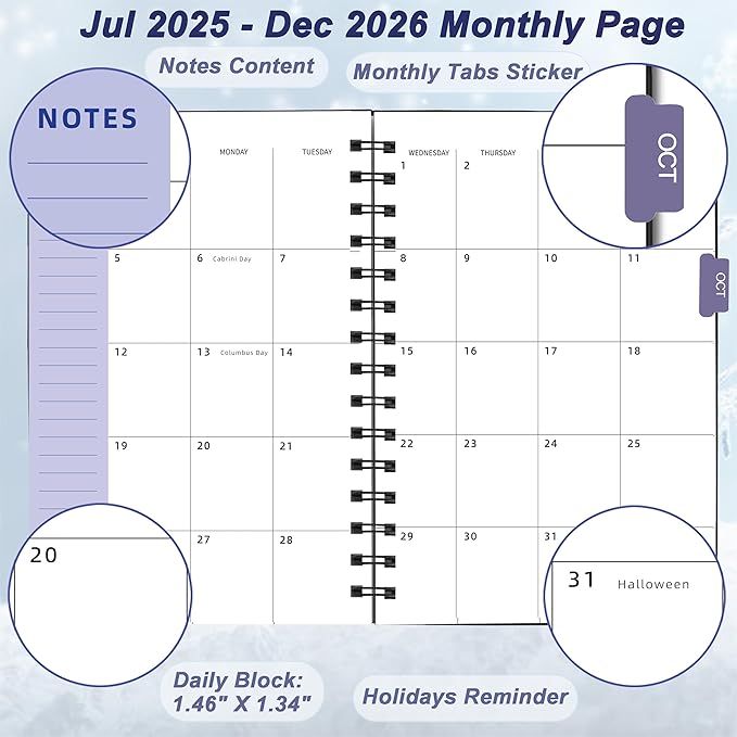 Daily Planner 2025-2026, Weekly & Monthly Planner from Jul 2025-Dec 2026, 18 Month Academic Calendar with Tabs, A5 Size, Black